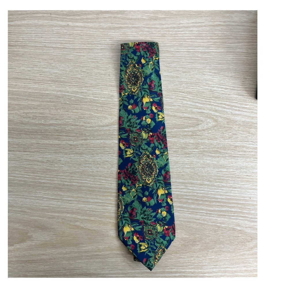 Liberty of London Vintage Floral Silk Tie Green Navy Red Paisley 90s Boho